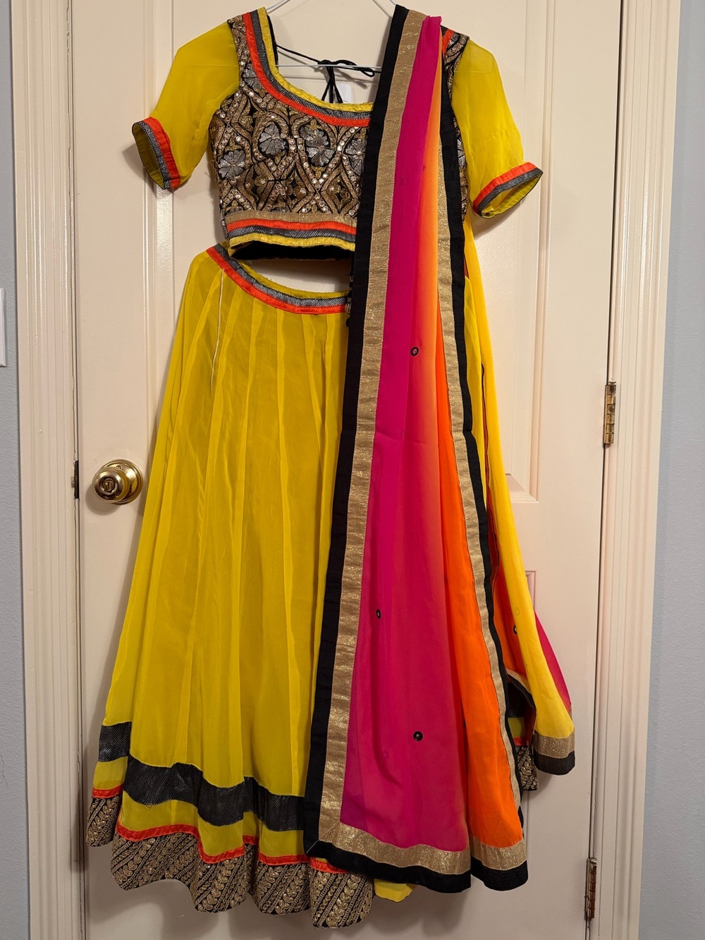 Yellow Embellished Lehenga Set with Pink & Orange Dupatta